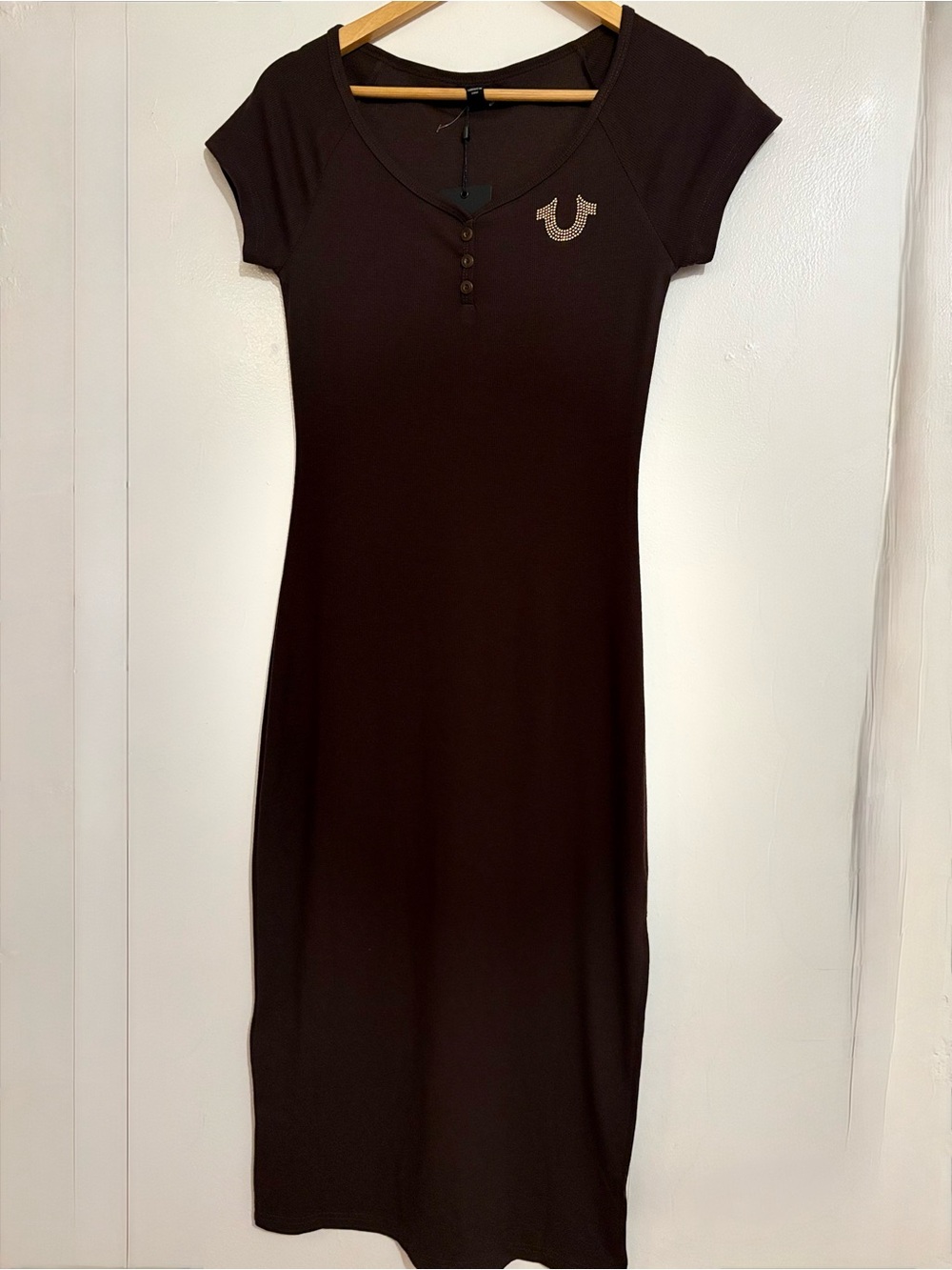 True Religion Dark Brown Short-Sleeve Henley Midi Dress